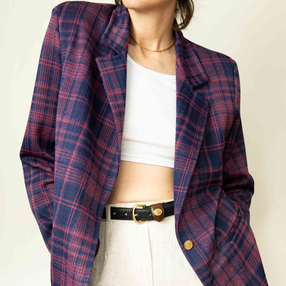 Vintage Navy & Pink Plaid Blazer Jacket